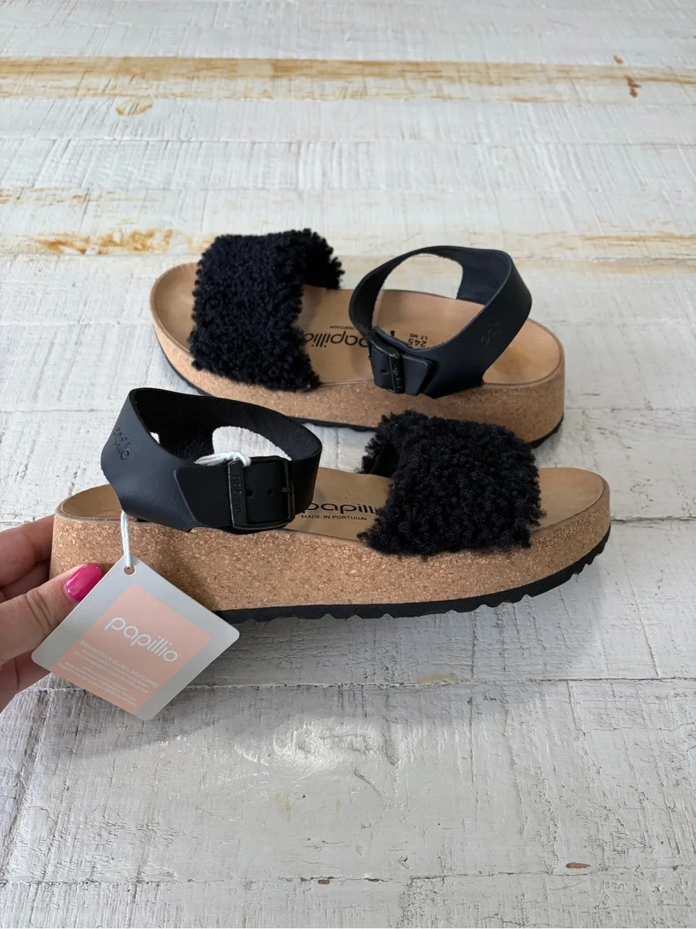 Birkenstock Papillio Glenda Teddy Sandals NWT EU size 38 US 7 7.5 Black Wedge